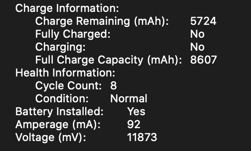 System Profiler screenshot of not charging battery